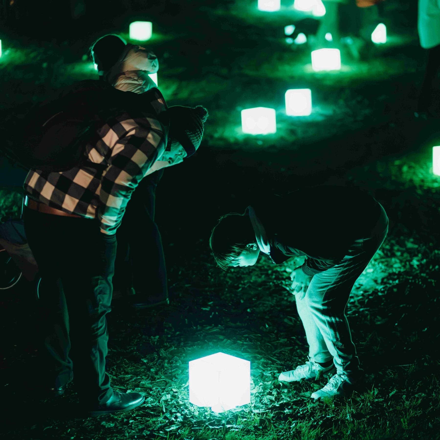 People gather at night to observe glowing green cubes scattered on the ground, casting an eerie soft light.