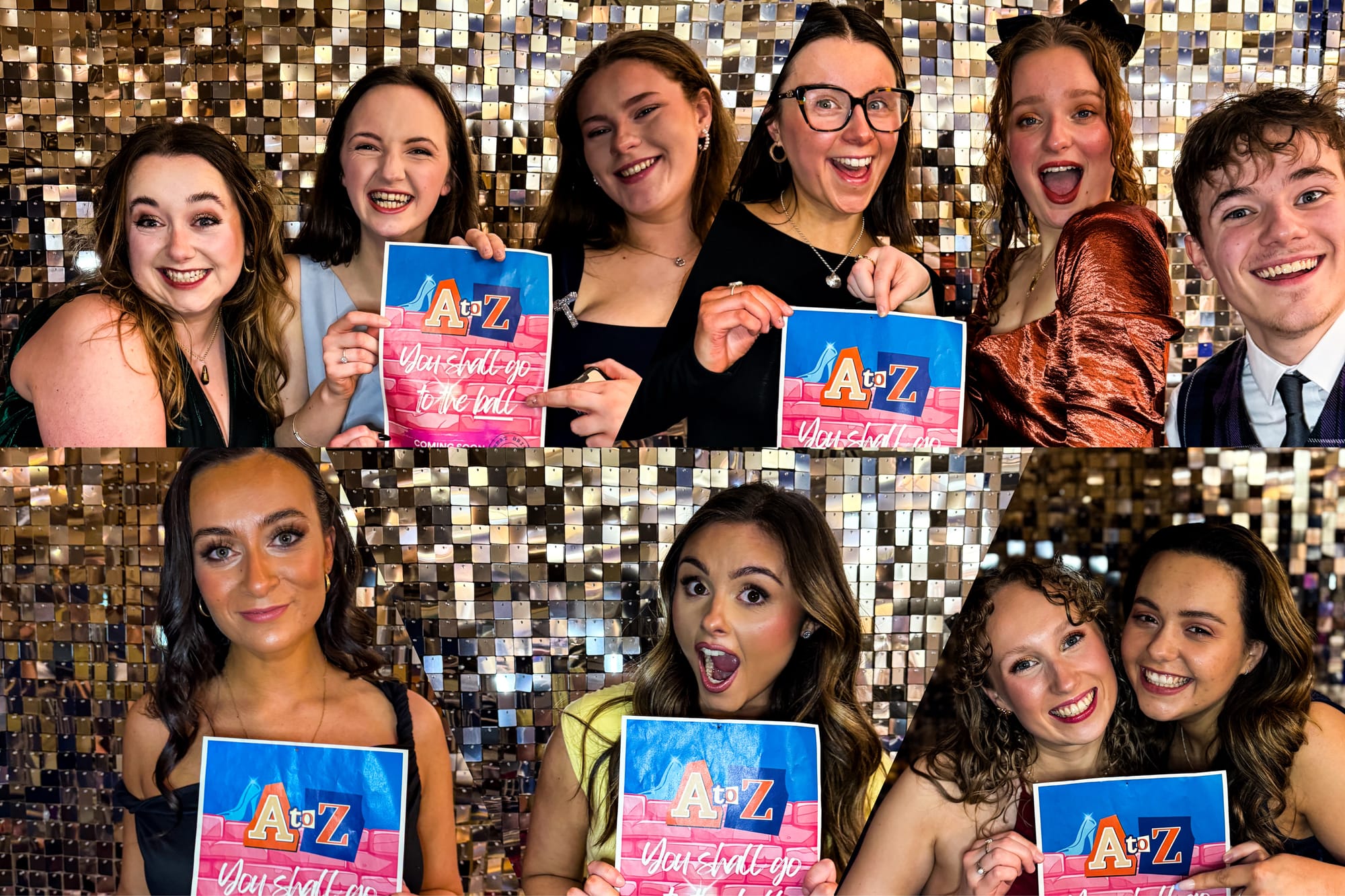 Members of A TO Z Theatre Company pose in front of gold backdrop holding show posters.