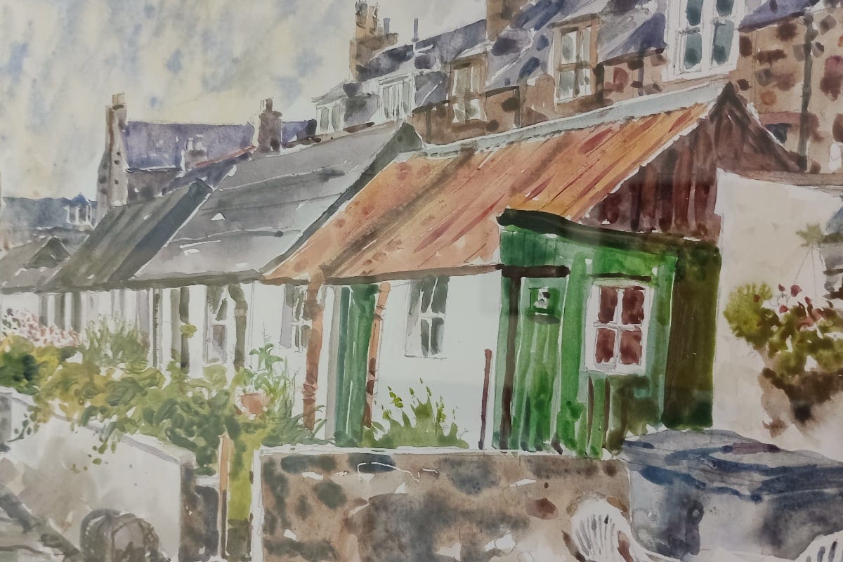 Watercolour painting by Dod Dow showing a row of sheds and cottages in Aberdeen, with a weathered green door and lush garden in the foreground.