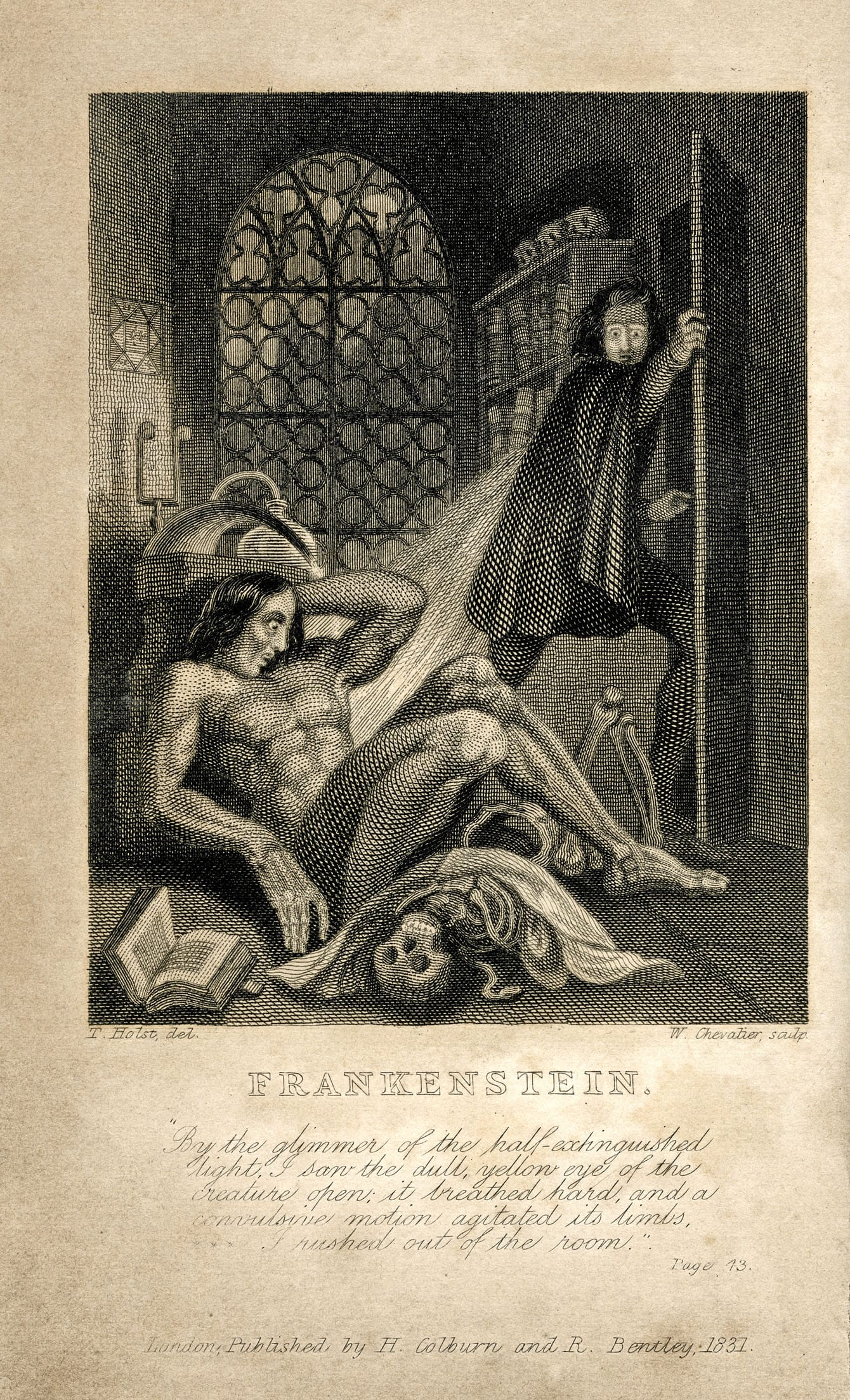 Frontispiece from an 1831 edition of Frankenstein, showing the creature awakening on the floor.