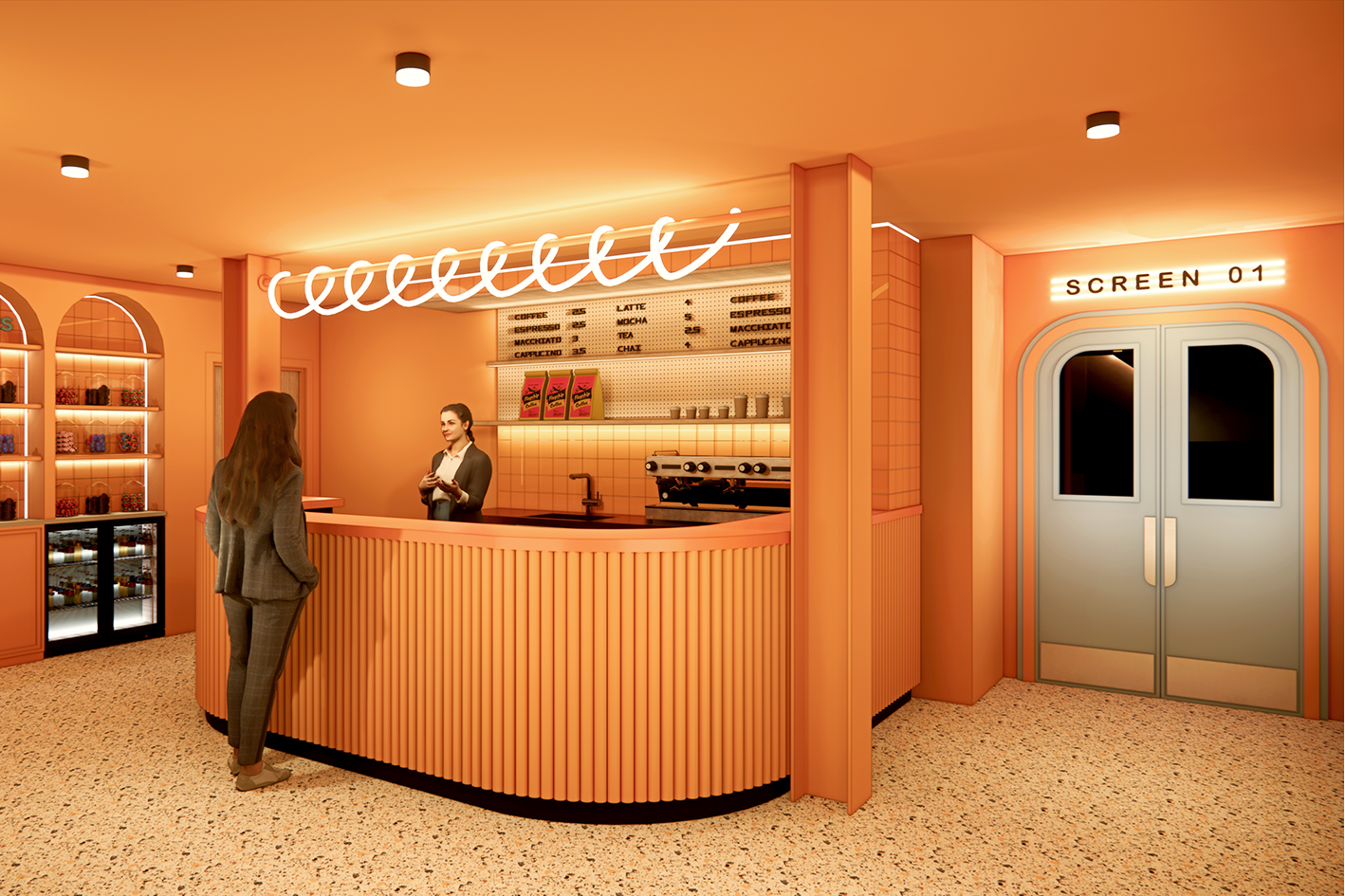Interior concept design of a cinema kiosk with peach walls, snack shelves and screen entrance