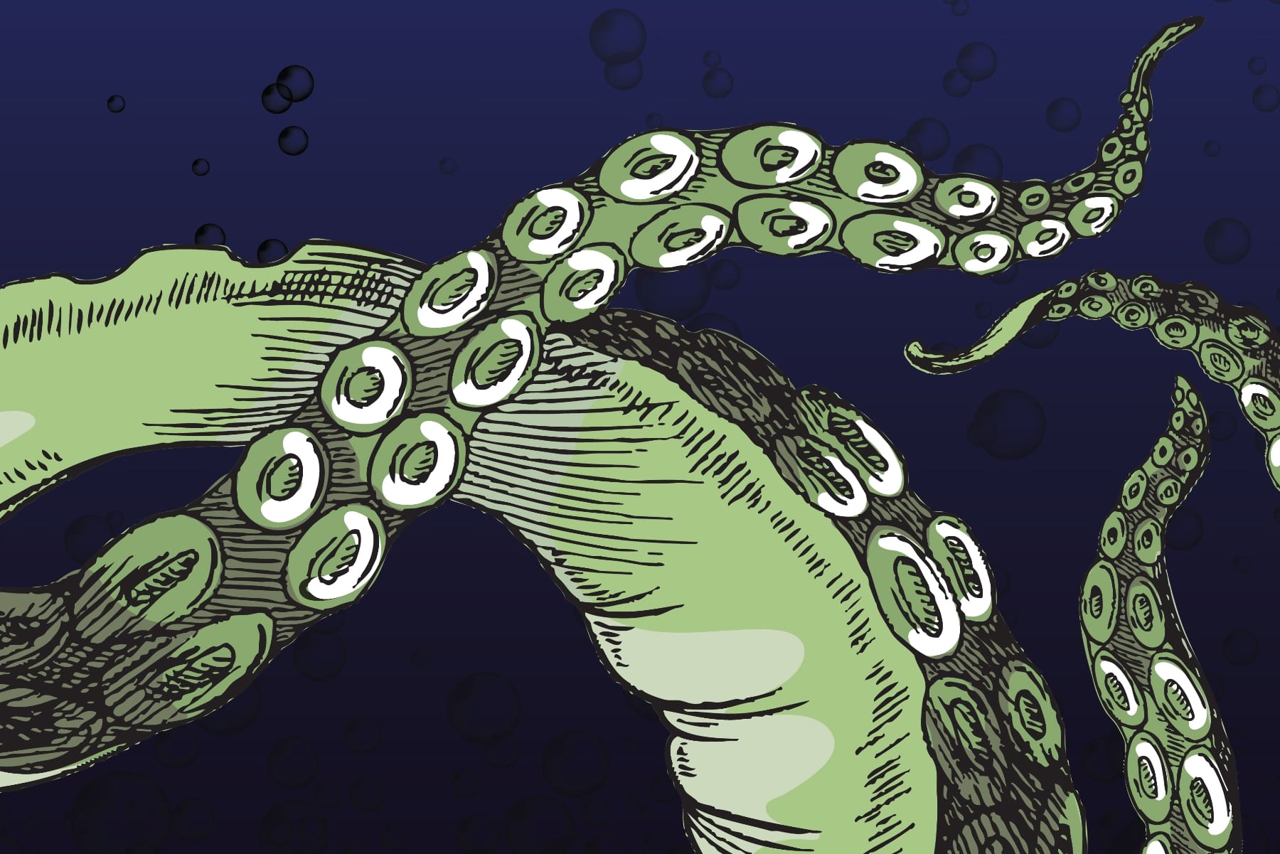 An illustration of green octopus tentacles with white suction cups curls across a dark blue background, surrounded by bubbles.