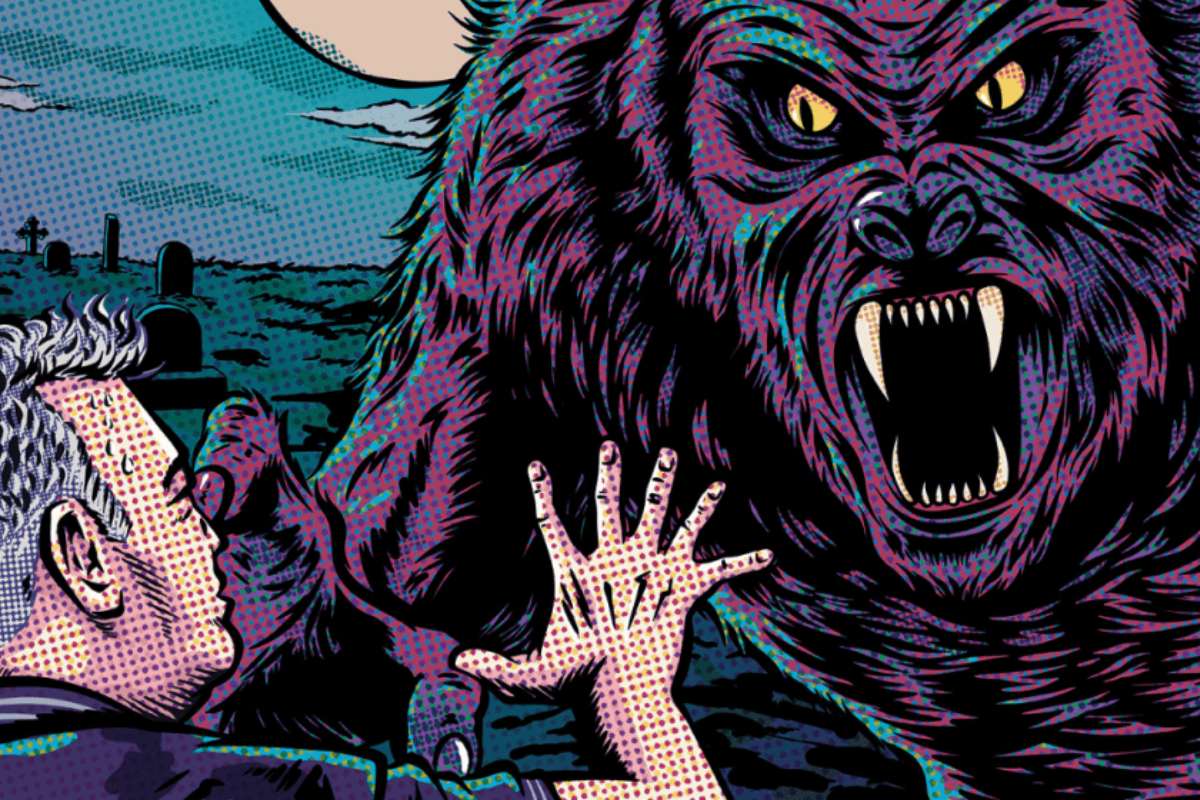Comic-style illustration of Stewart Lee facing a snarling, fanged werewolf creature.