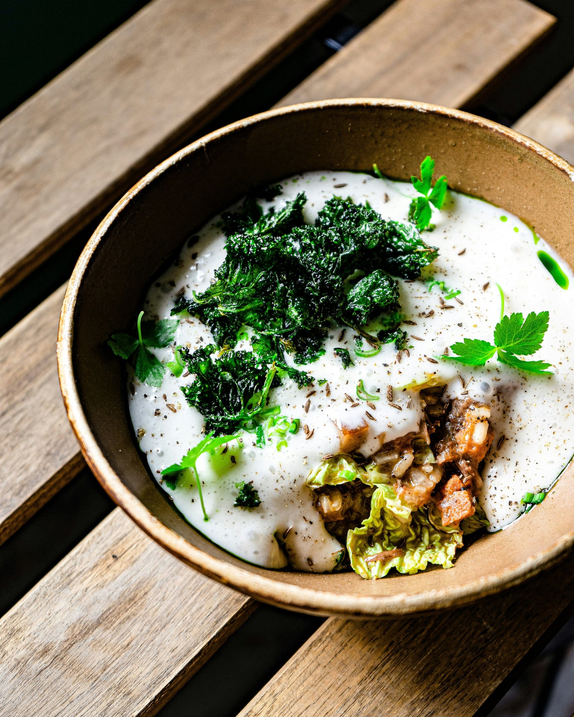 A rustic bowl with creamy sauce, herbs and vegetables on a wooden bench