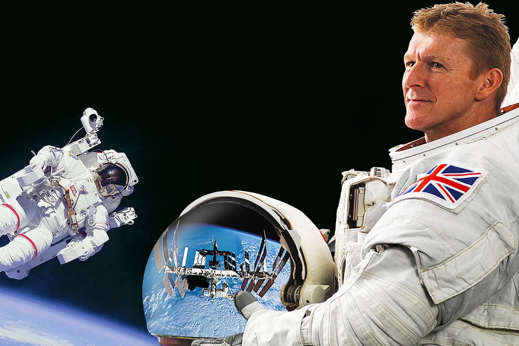 British astronaut Tim Peake in a spacesuit with a Union Jack patch, holding his helmet reflecting Earth and the International Space Station