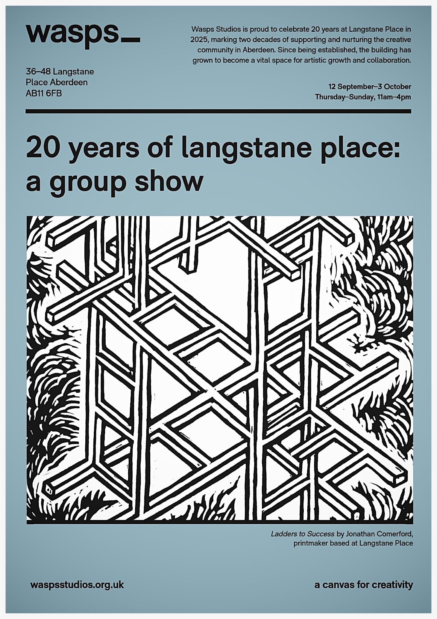Poster for “20 years of Langstane Place: a group show,” 12 Sept–3 Oct, Thurs–Sun 11am–4pm.