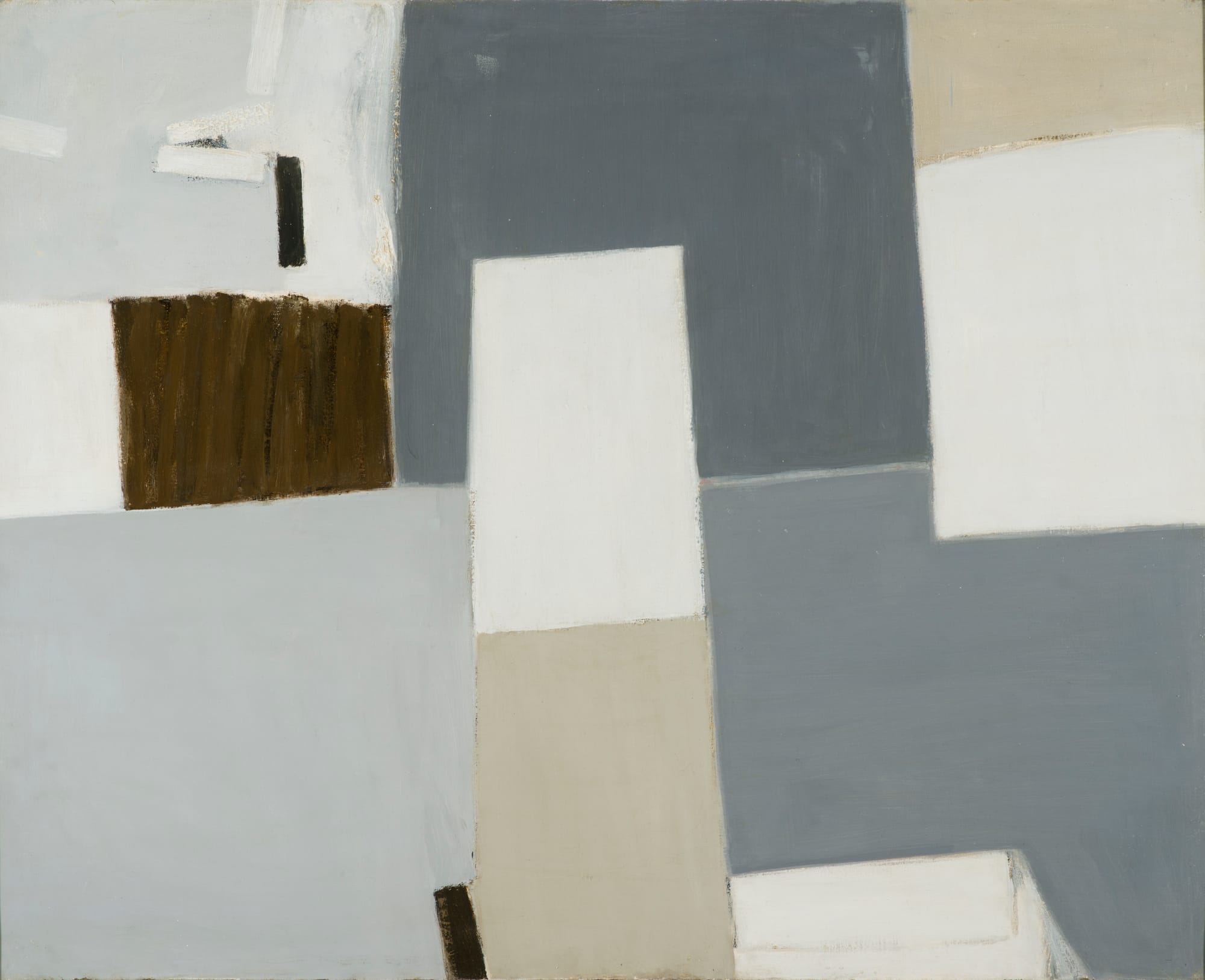 Abstract painting with overlapping blocks of grey, white, beige and dark brown.