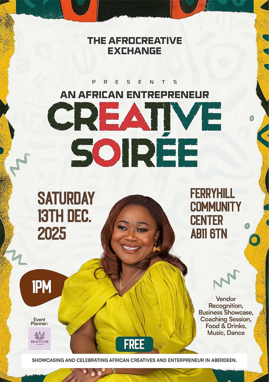Promotional poster for African Creative Soirée featuring woman in yellow outfit at Ferryhill
