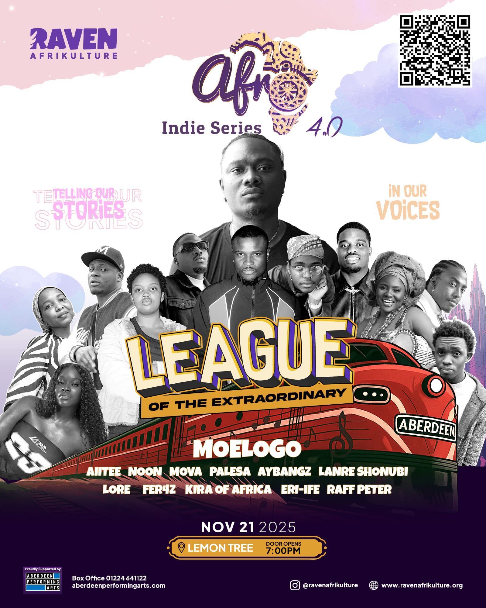 Afri Indie Series 4.0 poster. Nov 21, Lemon Tree. Collage of performers with red train graphic.