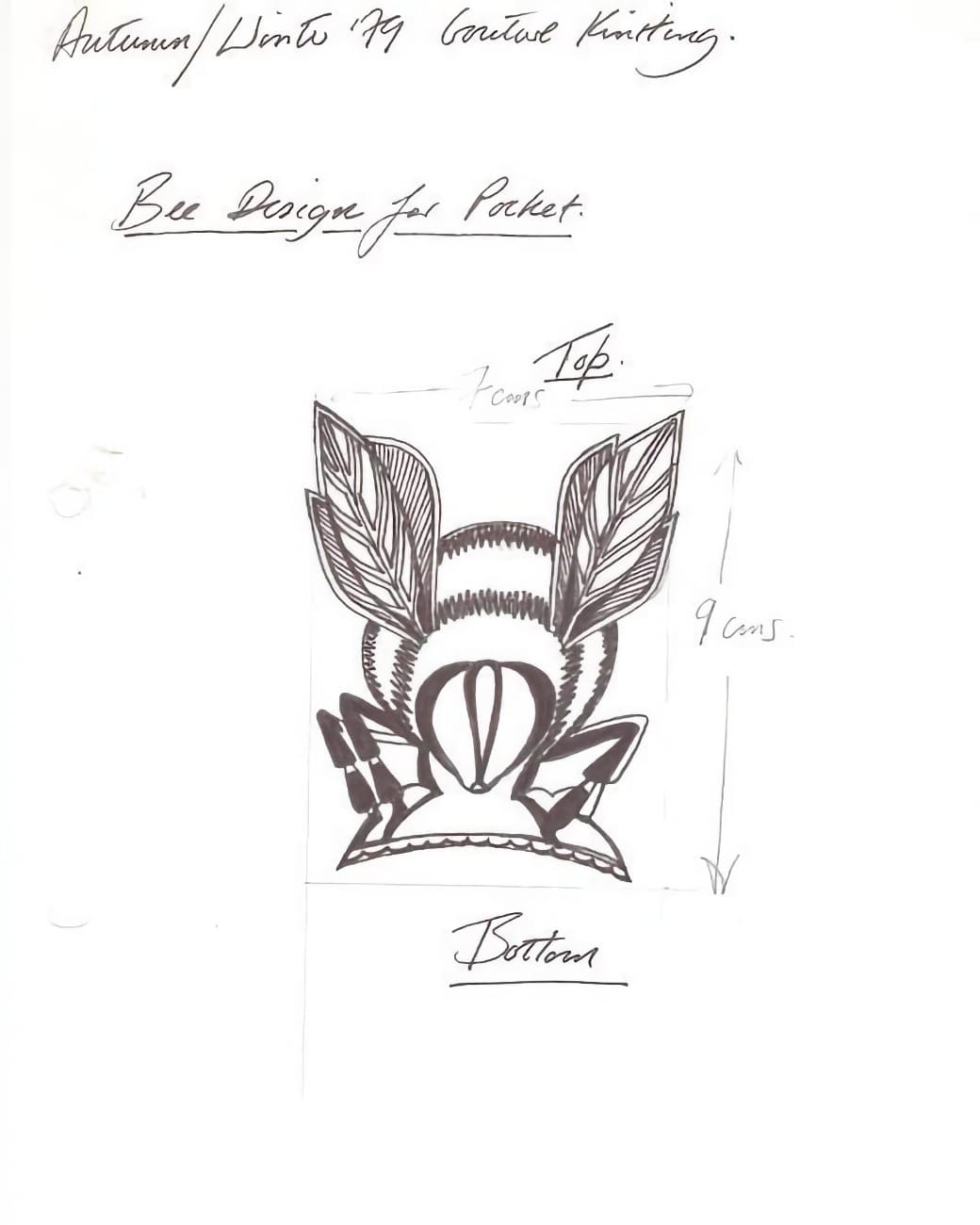 Bill Gibb sketch of bee design for pocket with handwritten notes
