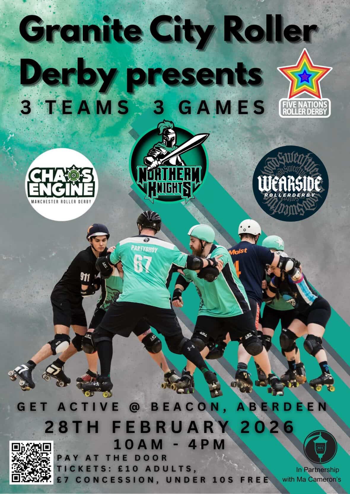 Roller derby players in contact during a bout, promoting GCRD's game day on 28 February 2026