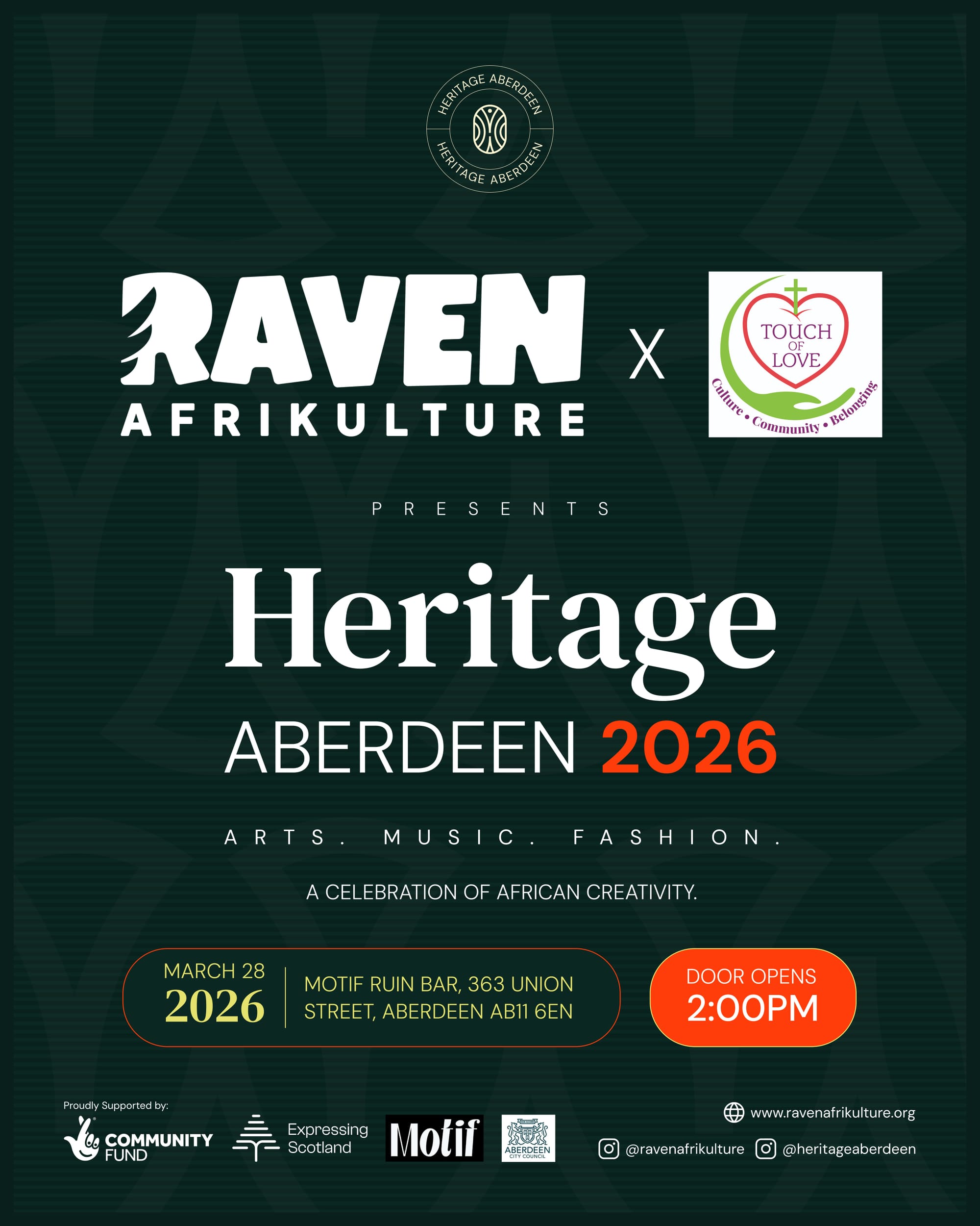 Event poster on dark green. 'Heritage ABERDEEN 2026' in white. Raven Afrikulture x Touch of Love.