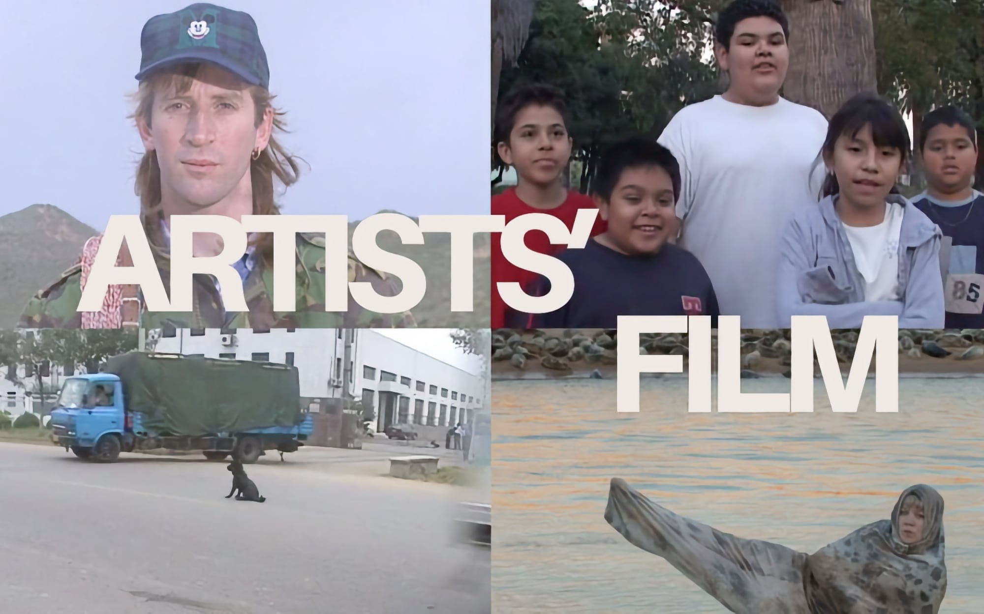 A split-screen collage of film stills overlaid with the words Artists' Film.