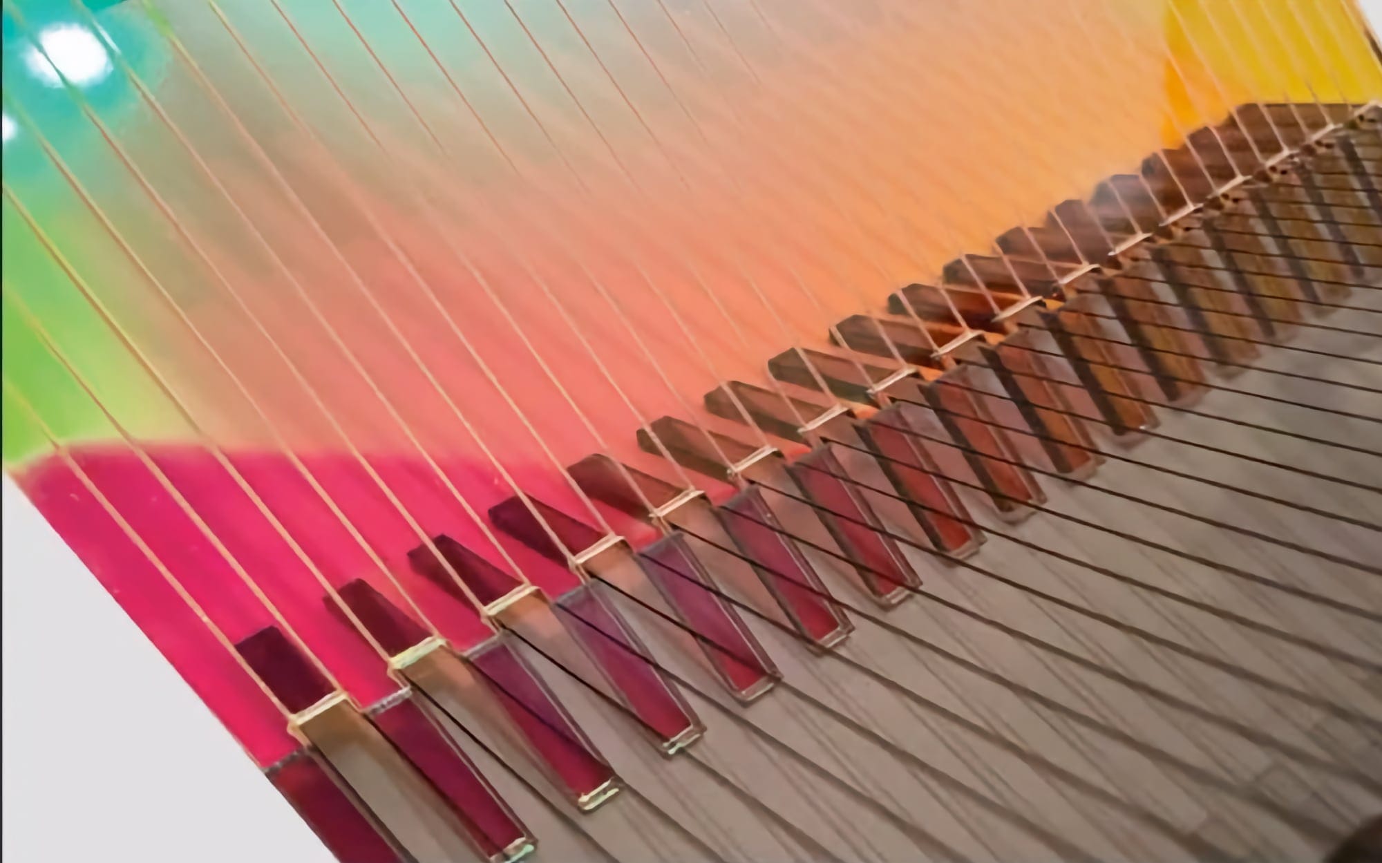 Colourful light refracts across harp strings and soundboard in a rainbow gradient