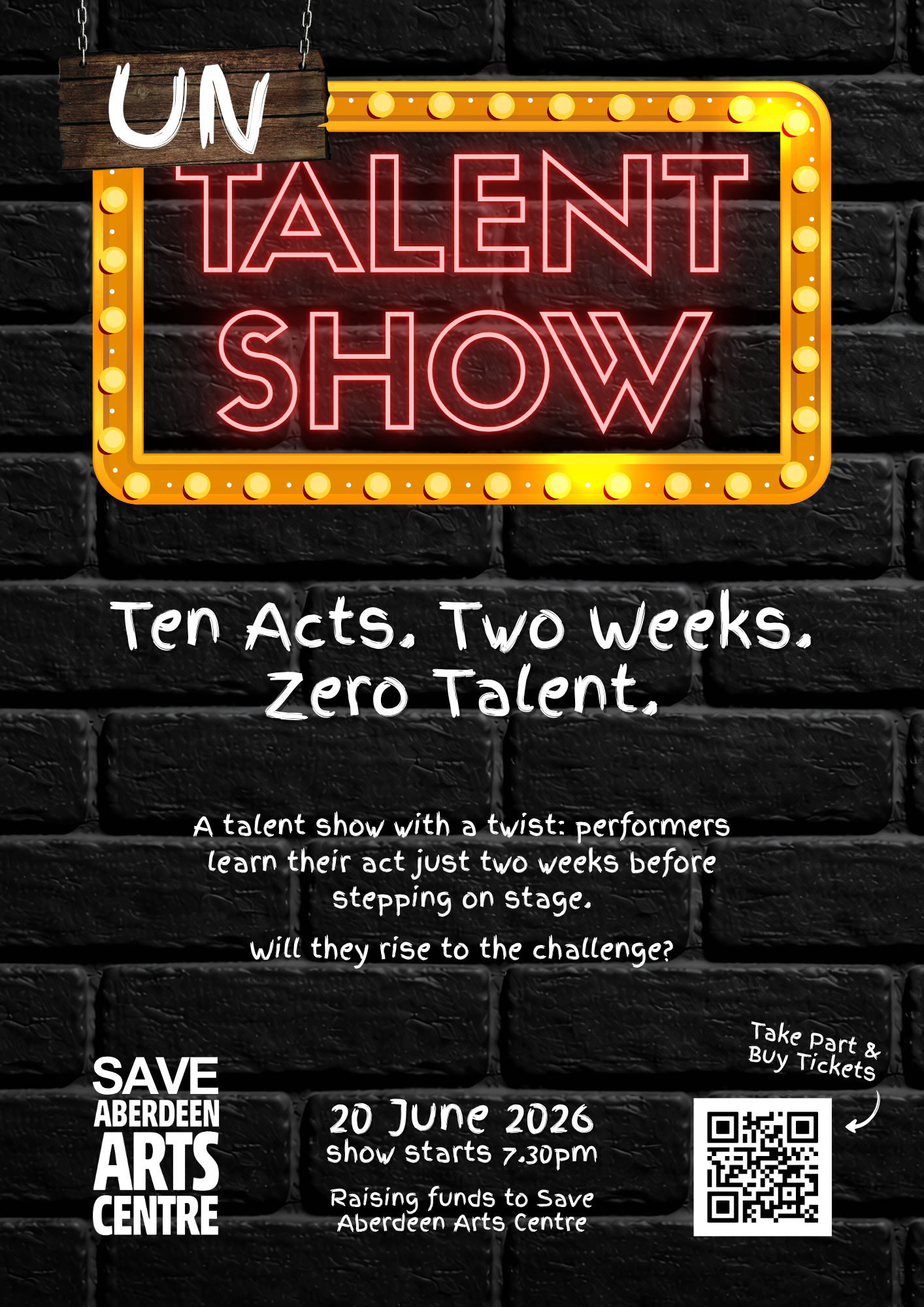 The UnTalent Show poster: neon sign on a dark brick wall, 20 June 2026