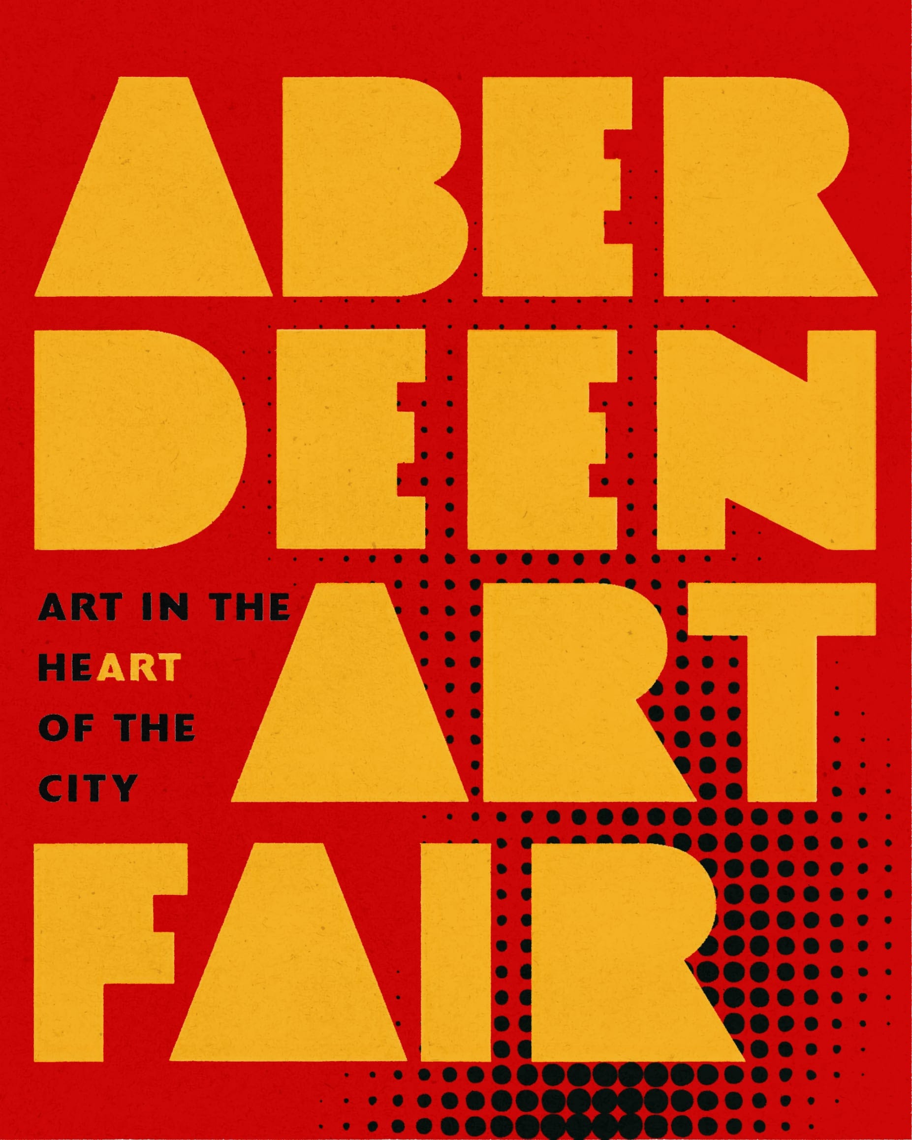 Aberdeen Art Fair poster in bold yellow letters on red, tagline “Art in the heart of the city”.