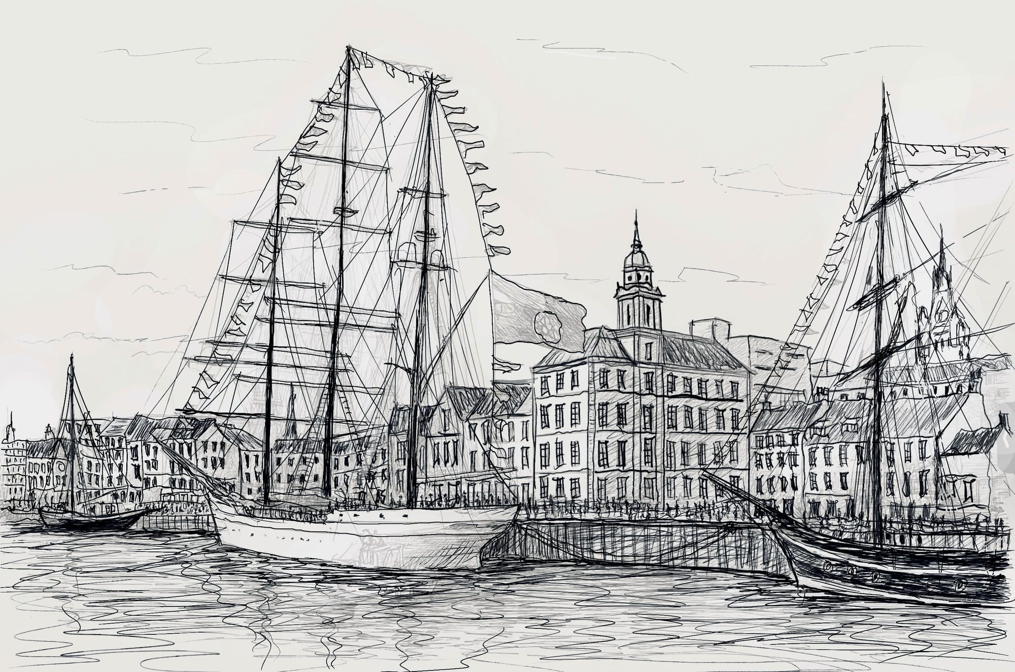 Pencil sketch of tall ships and Aberdeen harbour buildings