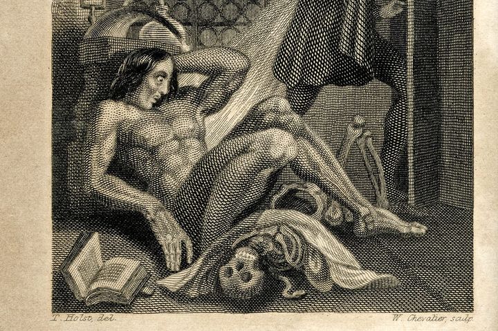 An eerie black-and-white engraving of a muscular, partly reclined man beside a skeleton, with an open book at his feet and laboratory instruments in the background.