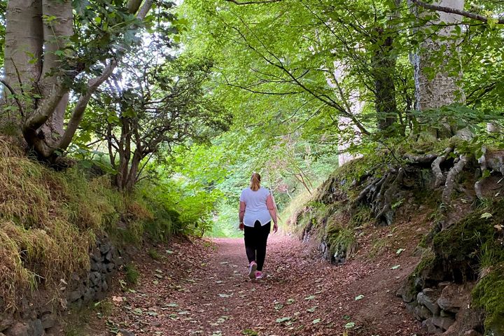 A woman in a white top walks alone along a tree-lined woodland path in summer.