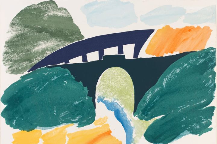 Bold, abstract landscape with two arched bridges, bright foliage and a winding stream.