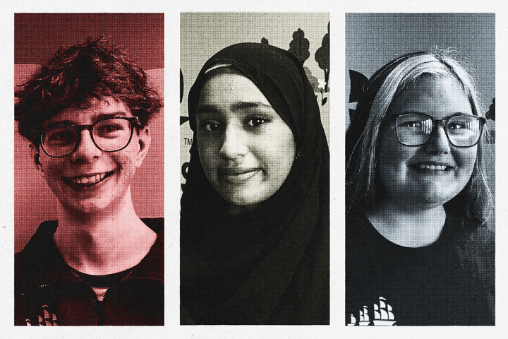 Stylised portrait collage of three Tall Ships trainees from Aberdeen: Archie Sweetnam in red, Hazera Hamid in sepia, and Maddie Sharpe in blue