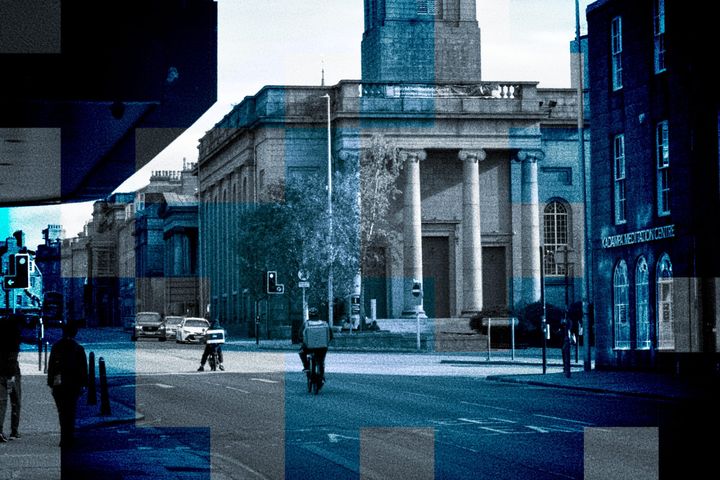 Street view of Aberdeen Arts Centre edited in blue tones, linking to its August events programme