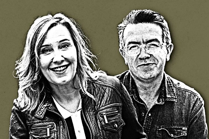 Stylised image of Jane McCarry and Mark Cox smiling, in character as Isa and Tam from Still Game