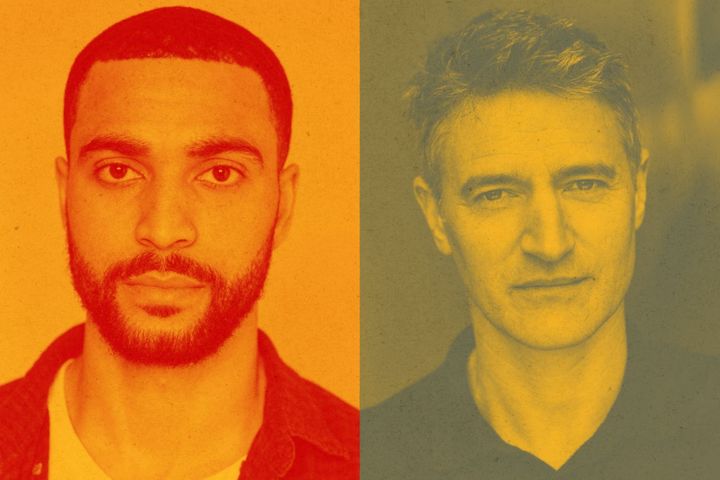 Side-by-side portraits of Tachia Newall (left) and Tom Chambers (right), stylised in orange and yellow tones.