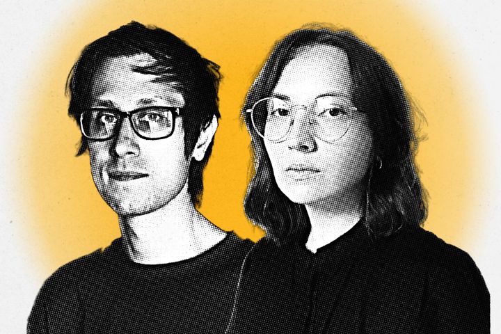 Stylised black-and-white portraits of artists Andrey Chugunov and Olesya Ilenok on a yellow background.