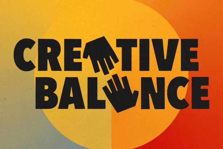 Creative Balance logo with hand shapes and bold text over a warm circular background.