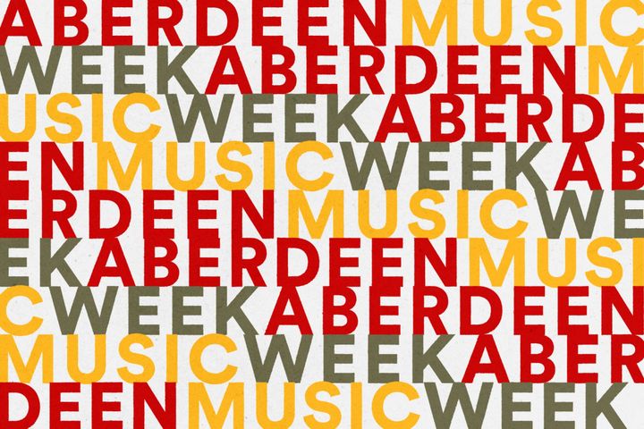Repeated words Aberdeen Music Week in red, yellow, and grey on white background. 