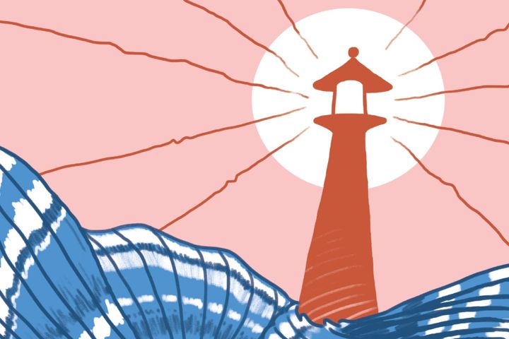 Illustrated red lighthouse with light beams against a pink sky, framed by stylised blue and white waves.