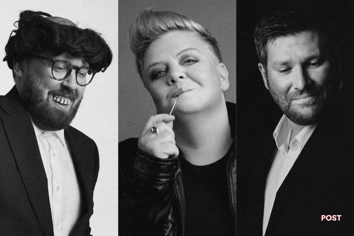 Black and white portraits of comedians John Kearns, Susie McCabe and Mark Nelson.