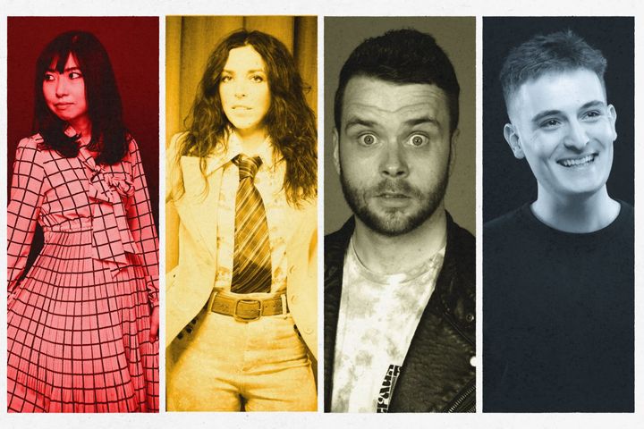 Portraits of Yuriko Kotani, Bridget Christie, Joe McTernan and Daniel Petrie in red, yellow, black and blue filters.