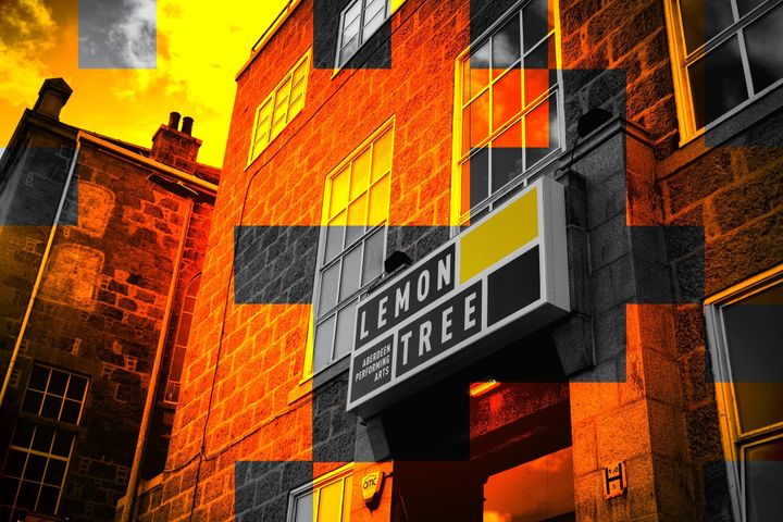 Lemon Tree venue sign on granite building, with bold yellow, orange and black digital overlays