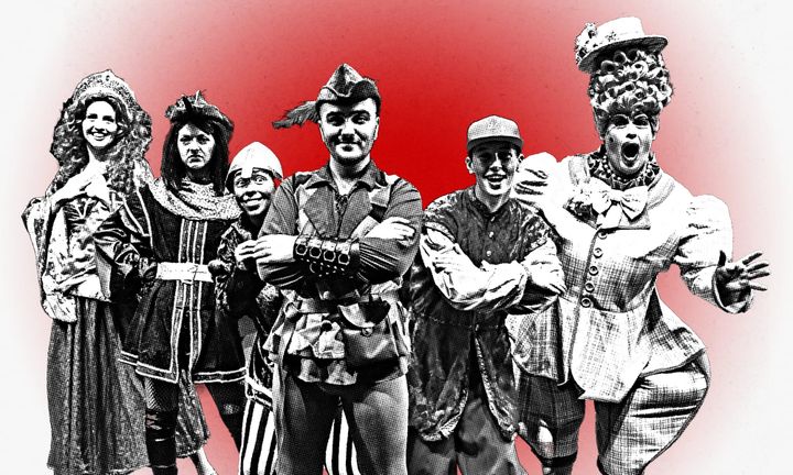 Cast of Robin Hood in costume on Aberdeen Arts Centre stage, posing under purple lights