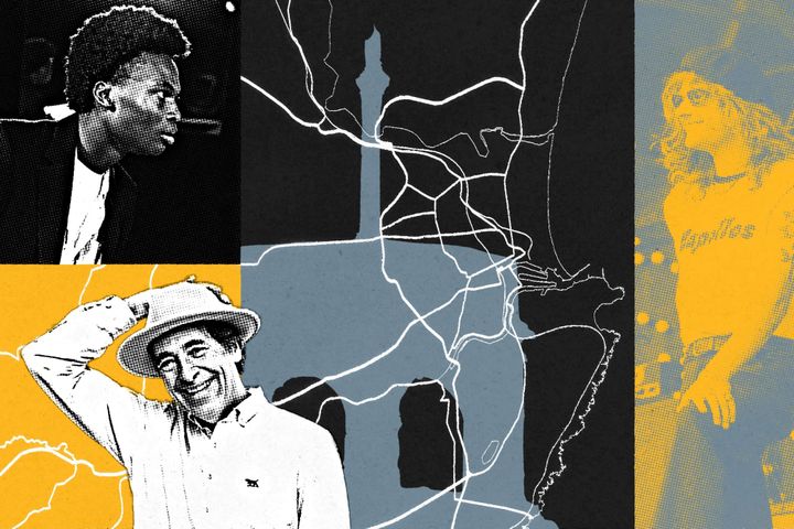 Collage showing a Cheapo cast member, comedian Mark Steel and Kyle Capollo, over a map of Aberdeen roads with the Mercat Cross silhouette. Designed for the October POST newsletter.