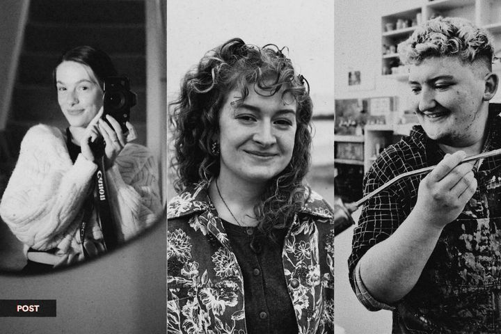 Three artists: Kirsty Cameron with camera, Bethany Reid at the seaside, and AJ Simpson at work