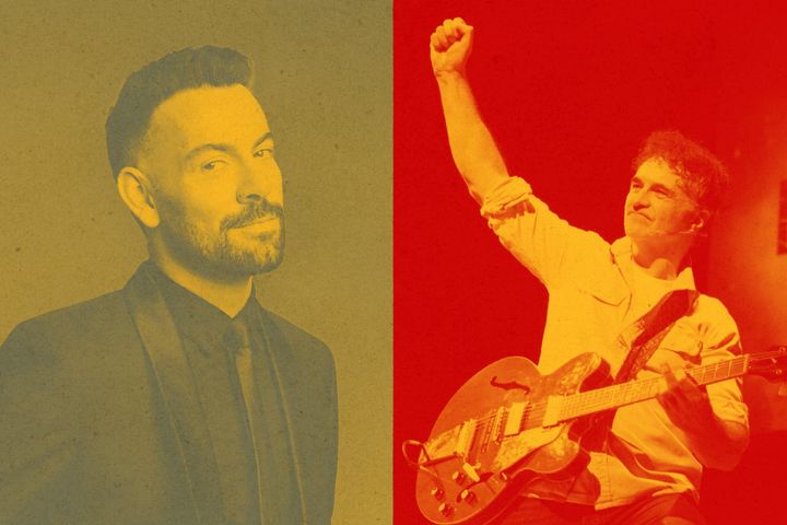 Ben Forster in formal wear (left); Noel Fitzpatrick playing guitar with fist raised (right)