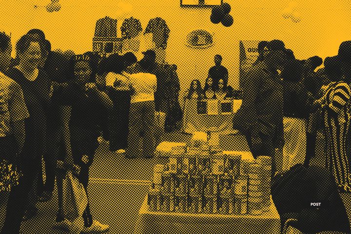 Halftone image of crowd at event in yellow and black