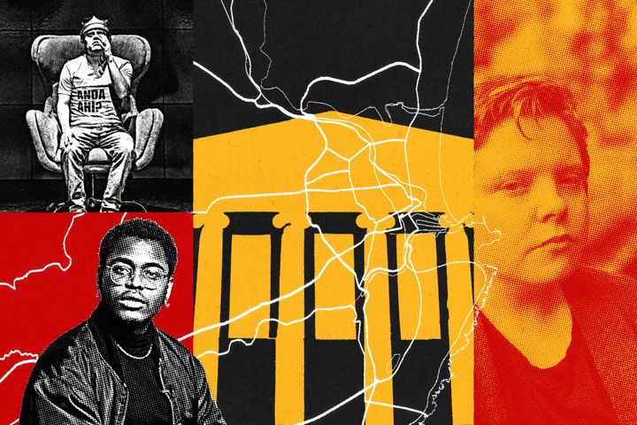 Collage featuring Hamlet production, Lore, Music Hall and Elisabeth Flett in red, yellow, black.