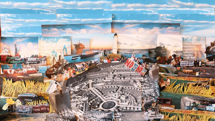 Collage of Torry's industrial history: oil rigs, protests, old housing, newspaper clippings.