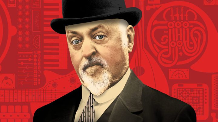 Bill Bailey wearing a top hat against a red background with graphic elements