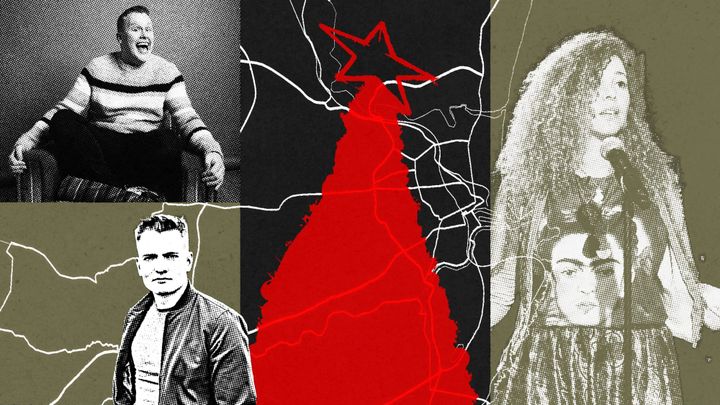 Collage with halftone portraits, red anatomical heart illustration and map outlines