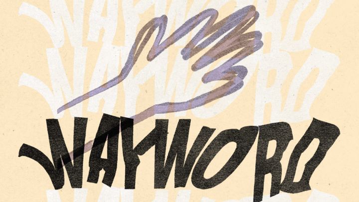 Logo featuring the word "WAYWORD" in bold black letters with a stylised purple hand illustration above it on a cream background with white geometric shapes.