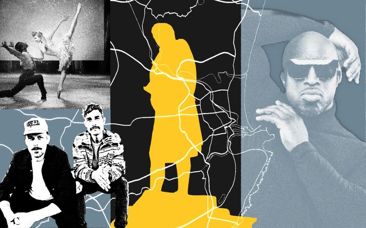 Collage featuring yellow silhouette on map with halftone portraits and figures in black, white, and blue tones.