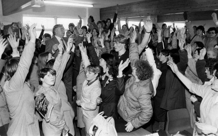 Women at the Lee Jeans factory vote during the 1981 Greenock sit-in