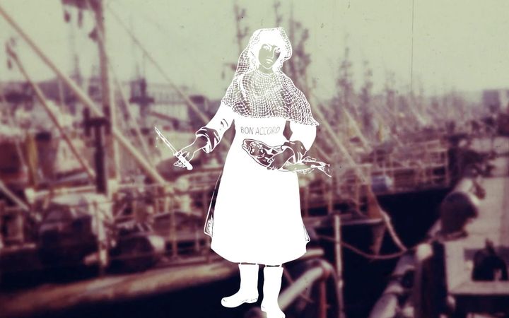 White fishwife figure holding fish skeleton and knife, 'BON ACCORD' banner, harbour background.
