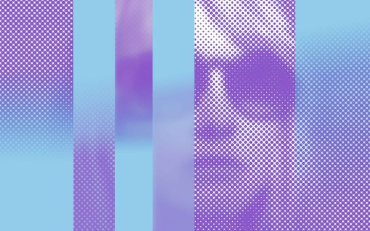 Halftone portrait of Dr Catriona McAra in purple against a light blue background.