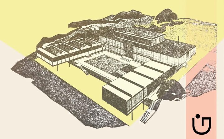 Architectural illustration of Gray's School of Art, Garthdee, in yellow and pink tones